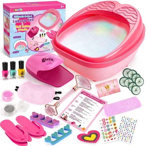 AuntyFey Kids Spa Kit for Girls, Foot Spa & Manicure Pedicure Set, Perfect Pretend Play Birthday Party Gift for Girls