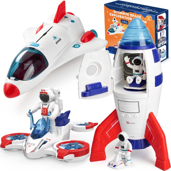 AuntyFey Space Toy Set with Rocket, Shuttle, Space Drone & Astronaut Figurines, STEM Learning Play Gift for Kid 3+