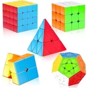 AuntyFey 5 Packs Speed Magic Cube Set with 3x3, 2x2, 4x4, Pyramid, Megaminx Stickerless Cube for Kids Toddlers Adults, Puzzle Cube Set for Kid