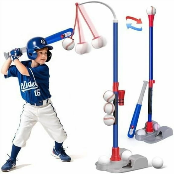 AuntyFey 2-in-1 T-ball Set for Kids, Adjustable Height Tee Ball Stand, Outdoor Sports Game for Boys & Girls, Blue