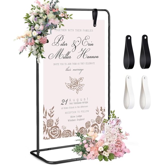 AuntyFey Wedding Welcome Sign Stand, Black Metal Easel Display Stand Sign Holder Seating Chart Display with Hanging Leather Straps for Birthday, Party