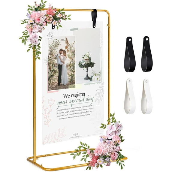 AuntyFey Wedding Welcome Sign Stand, Gold Metal Easel Display Stand Sign Holder Seating Chart Display with Hanging Leather Straps for Birthday, Party