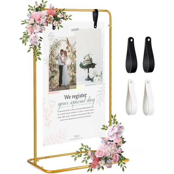 AuntyFey Wedding Welcome Sign Stand, Gold Metal Easel Display Stand Sign Holder Seating Chart Display with Hanging Leather Straps for Birthday, Party