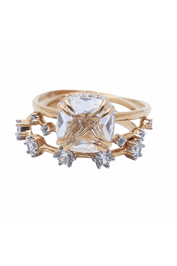 Cushion Cut Moissanite Stackable Solitaire Ring in Yellow Gold Plated Silver, Three Stackable Wedding Ring Set for Women