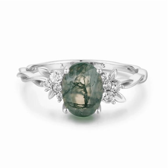 Auory Elegant Moss Agate Nature Inspired Ring for Women Featuring Moissanite Side Stones