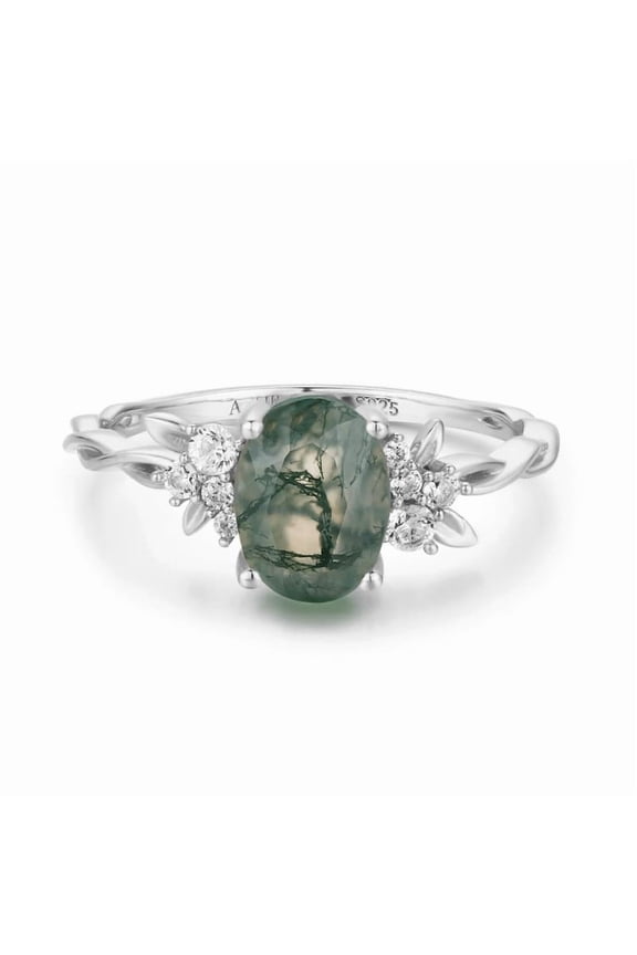 Elegant Moss Agate Nature Inspired Ring for Women Featuring Moissanite Side Stones