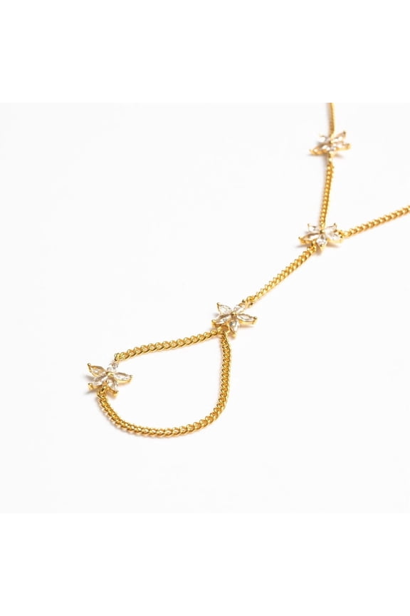 Floral Moissanite Crystal Hand Bracelet and Ring Attached for Women in Gold Plated