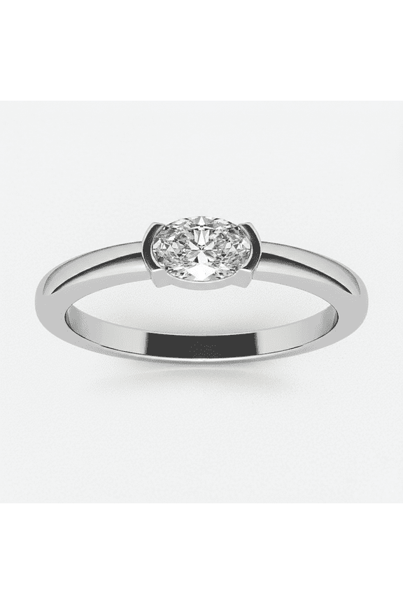 Half Bezel Engagement Ring 0.43 Carat Oval Shaped Moissanite 18K White Gold Plated Silver Solitaire Ring for Women