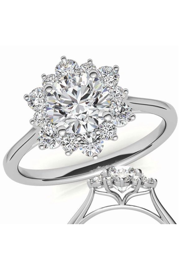 Halo Engagement Ring Classic Style Floral Halo Shared Prong Setting 18K White Gold Plating 1.81 Carat