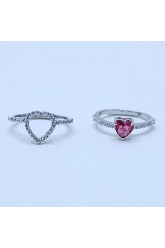 Open Heart Stackable Ring Set in White Gold Silver with Red Heart Ruby Stone for Women