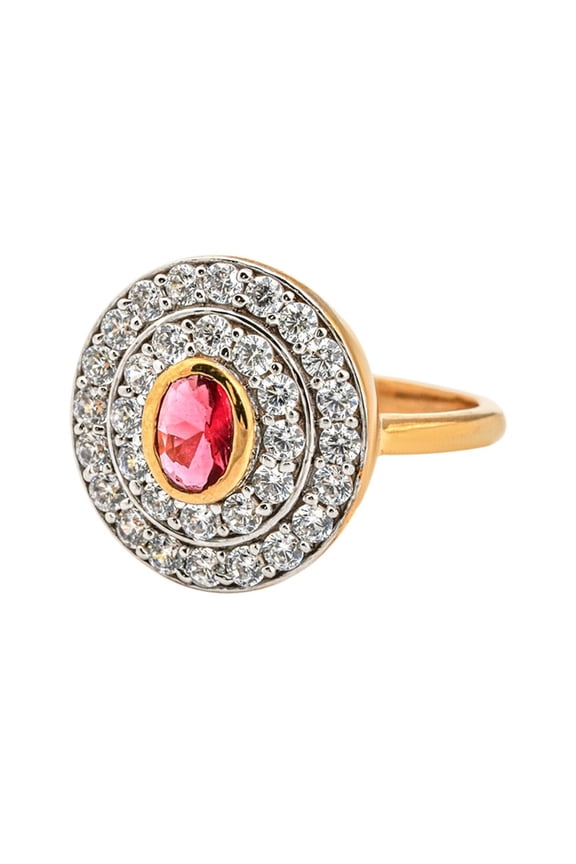 Oval Ruby Statement Double Halo Moissanite Ring in Yellow and White Gold Plated Silver, Engagement Ring for Women