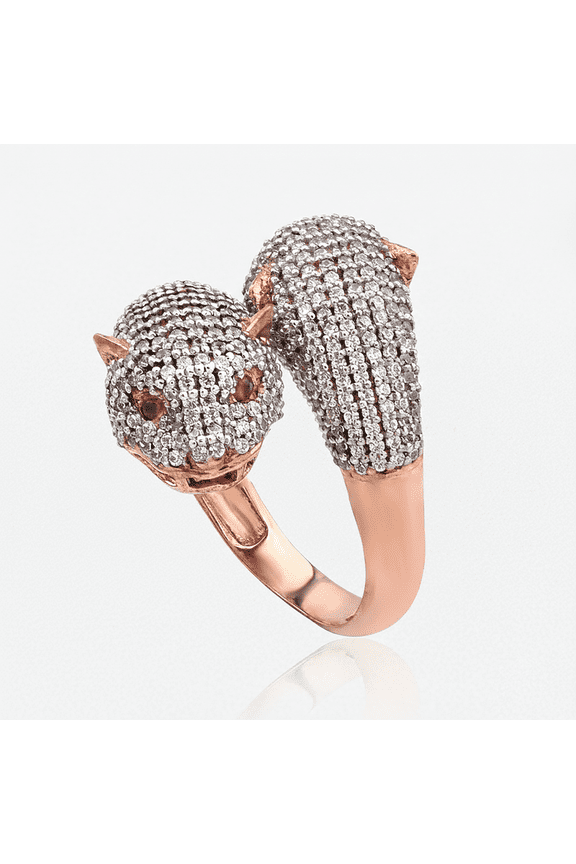 Panther Face Ring in Rose Gold Plated Silver with Pavé Moissanite and Ruby Eyes, Statement Ring for Animal Lovers