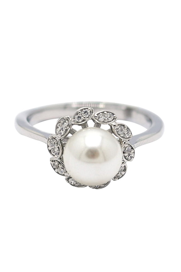 Pearl Sunburst Halo Solitaire Ring in White Gold Silver Petals Design for Women