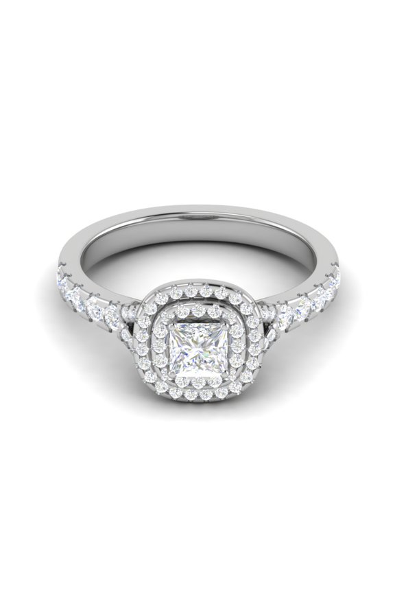 Princess Cut Moissanite Engagement Ring - Bridal Ring - Double Halo Ring - 18k White Gold Plating for Women