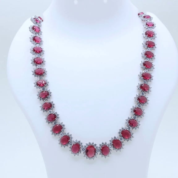 Auory Ruby Sunburst Necklace with Moissanite Halo in White Gold Plated Elegant Statement Necklace for Women
