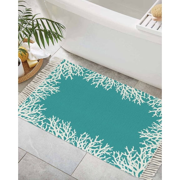 Auqa Coastal Coral Bath Rug 2x3ft Woven Bathroom Entryway Runner Rug,White Ocean Marine Sea Nautical Beach Washable Living Room Hallway Bedroom Kitchen Carpet with Tassels,Indoor Outdoor Doormat
