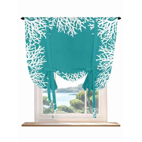 Auqa Coastal Coral Tie Up Curtains for Windows 45 Inch Length Balloon Curtains Kitchen Adjustable Balloon Window Shade White Ocean Marine Sea Nautical Beach Tie Up Bathroom Curtain Window 34"x45"
