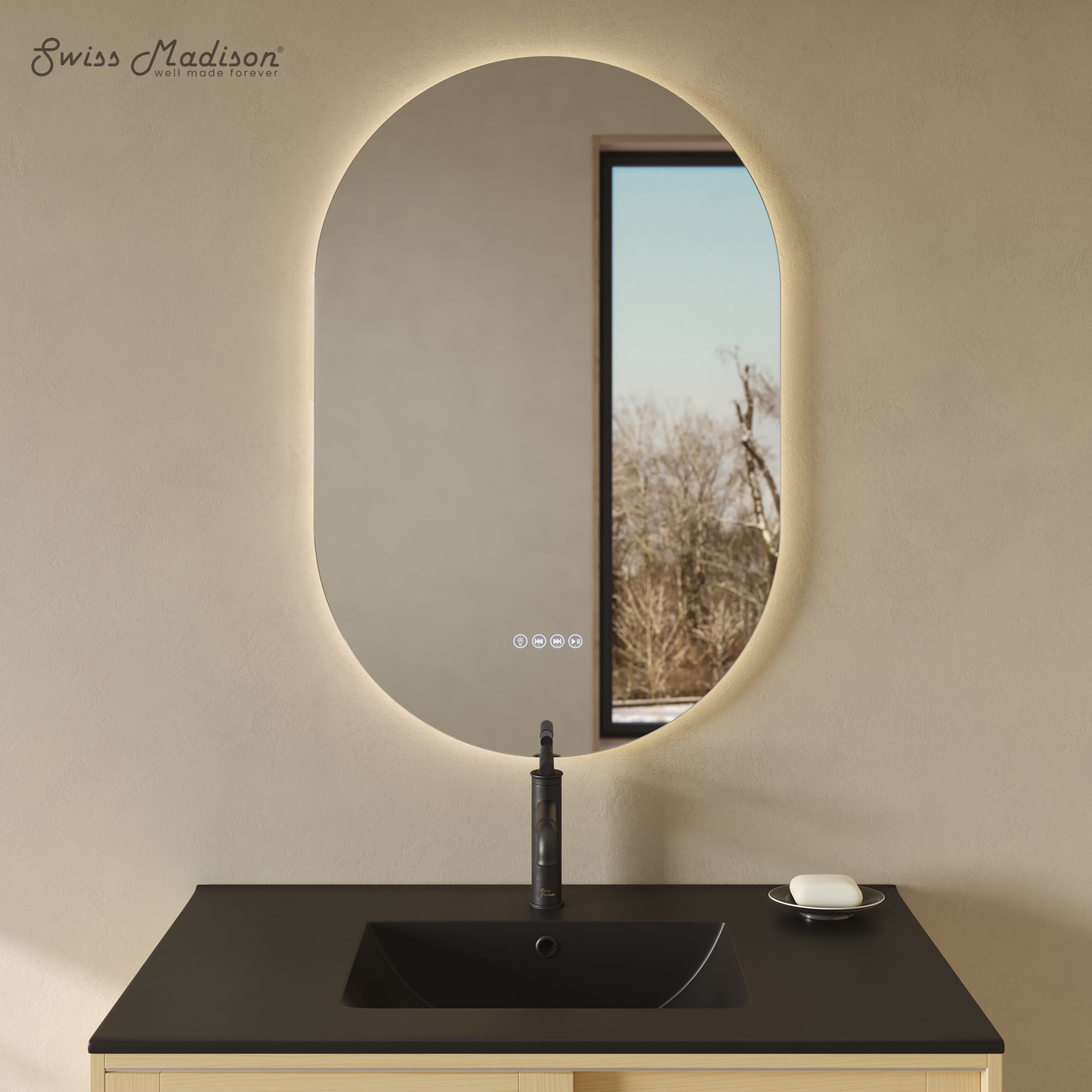 Aura 24" x 36" Pill Shaped LED Anti-Fog Smart Mirror with Bluetooth