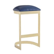 Manhattan Comfort Aura 28.54" Faux Leather Barstool in Blue/Polished Brass