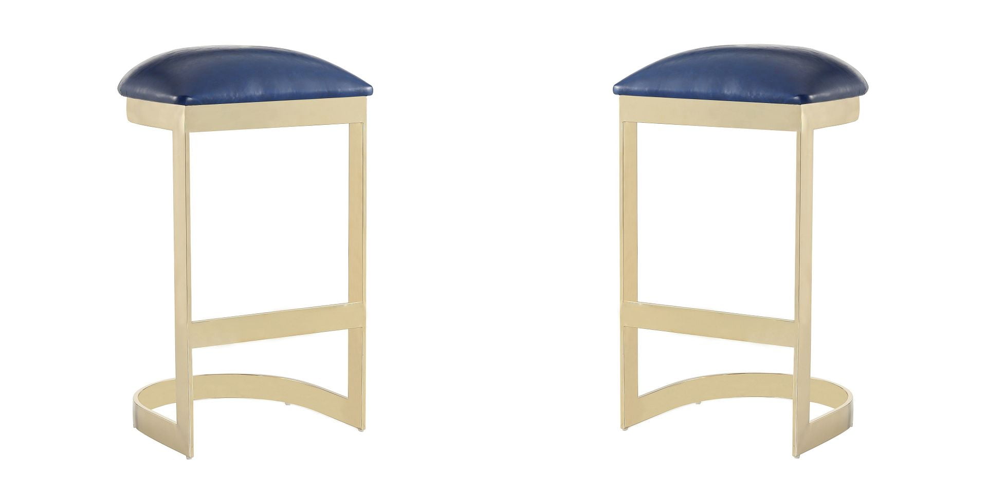 Aura 30'' Blue Faux Leather and Polished Brass Metal Barstool Set