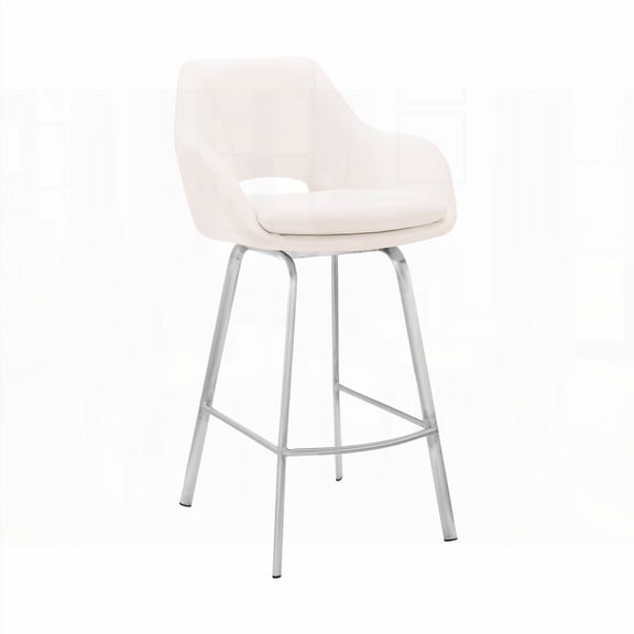 Aura 30" Bar Stool - White Faux Leather & Brushed Stainless Steel - 1-Piece - Swivel Function - Perfect for Home Bars