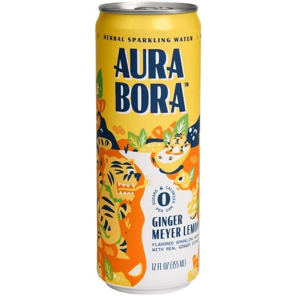 Aura Bora Herbal Sparkling Water Ginger Meyer Lemon Flavored, 6 Cans, 12 fl oz