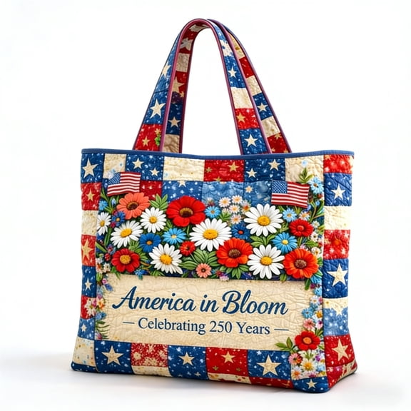 Aura Clothing Reusable Quilted Beach Tote, Patriotic Picnic Bag with Wave Stitching