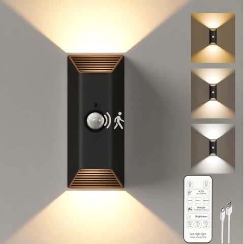 Aura Form Motion Sensor Wall Lights, 4000mAh Rechargeable Battery Operated, 3 Color Temps, Dimmable, Remote, Timer, for Hallway, Stair, Bedroom, Black
