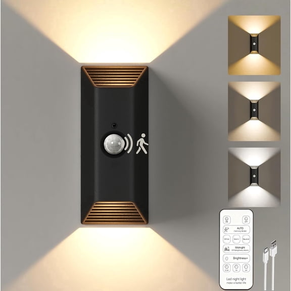 Aura Form Motion Sensor light indoor, 4000mAh Rechargeable Battery Operated, 3 Color Temps, Dimmable Remote Wall Sconce, Black