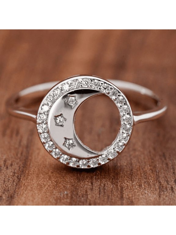 0.9 Ct Brilliant Round Cut Lab-Created Simulated Diamond Half Moon Halo Ring 14K White Gold Plated Ring for Her