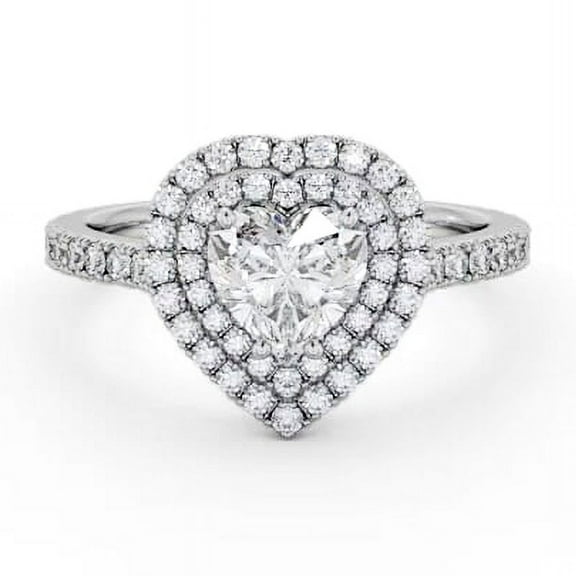 Aura Jewel 1.7 Ct Heart Cut Lab Created Diamond Ring - 14K White Gold Plated Double Halo Design Rings - Cathedral Shank 4 Prong Solitaire Engagement Ring for Women - Heart Shape Proposal Ring