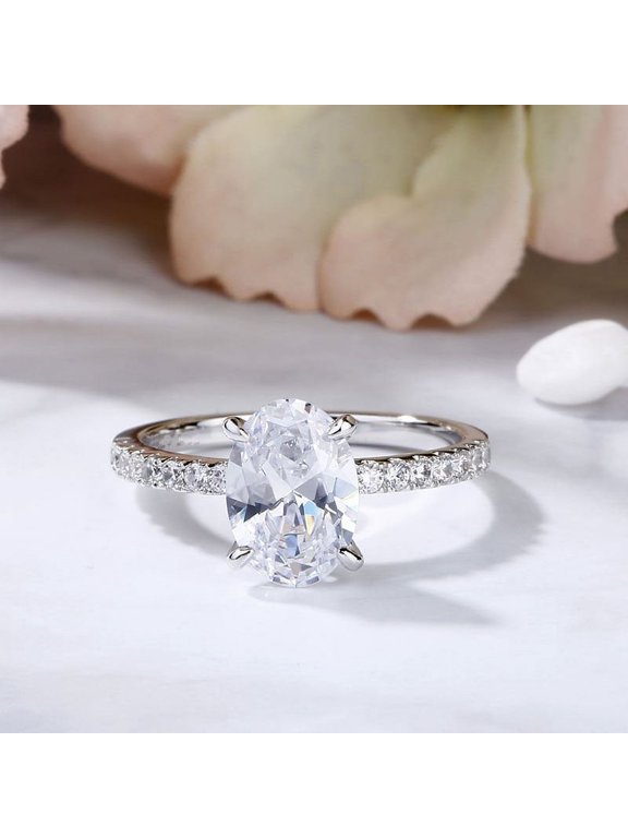 1.9 Ct Oval Cut Solitaire with Accents Lab-Created Simulated Diamond Ring 14K White Gold Plated for Women