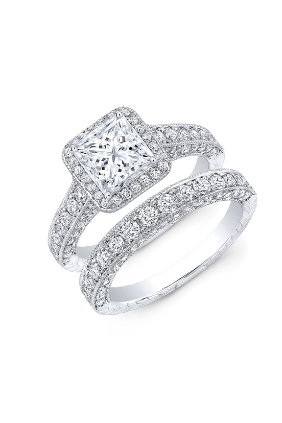 14K White Gold Plated Ring for Her - 2.2 Ct Princess Cut Diamond Ring - Halo Silver Ring for Her - Gorgeous Anniversary Gift for Her - Bridal Set Engagement Wedding Ring for Women's