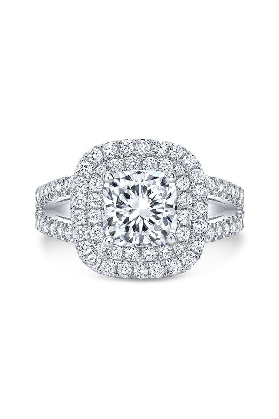 14K White Gold Plated Ring for Her - Cushion Cut 2.1 Ct Diamond Ring - Double Halo Engagement Wedding Ring for Women's - Christmas Special Gift for Her - Split Shank Valentine Ring