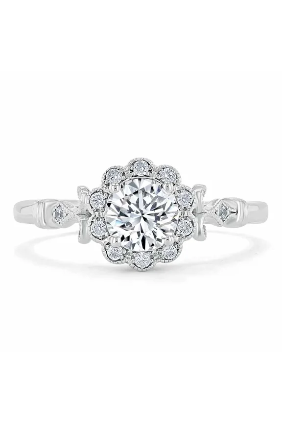 14K White Gold Plated Rings - 2.2 Ct Round Cut Lab Created Diamond Ring - Wedding Anniversary Rings - Floral Halo Wedding Rings - Wedding Anniversary Gift - Causal Office Wear Rings