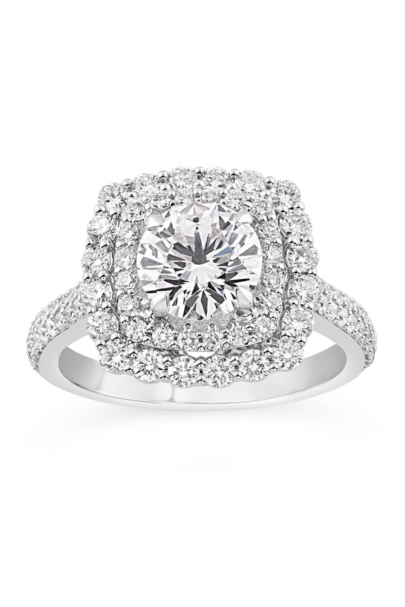 14k White Gold Plated Lab Created Round Cut 1.6 Ct Diamond Ring - Double Halo Prong Ring - Modern Diamond Anniversary Ring - Engagement Wedding Ring - Gorgeous Anniversary Gift for Her