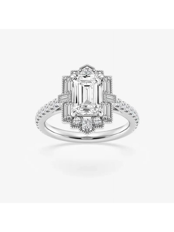2.3 Ct Emerald Cut Excellent Lab-Created Simulated Diamond Motif Halo Vintage Ring 14K White Gold Plated, Solitaire Accent Engagement Wedding Ring