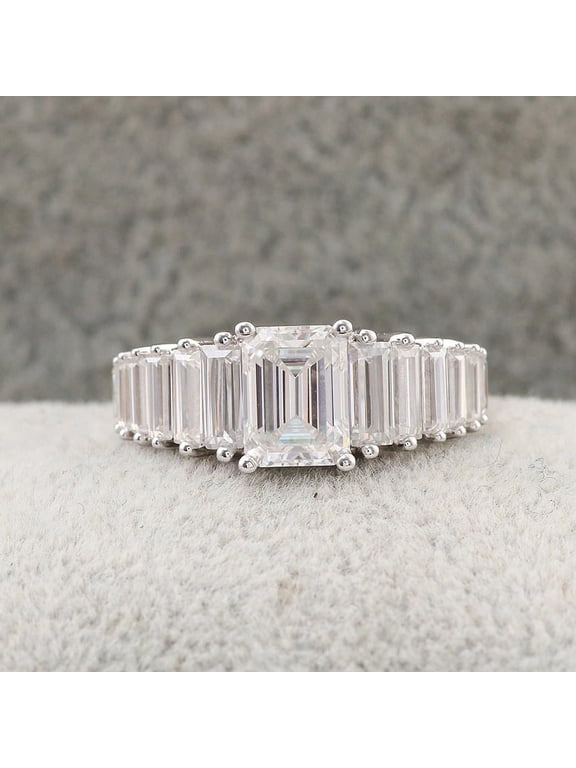 2 Ct Emerald Cut Multi-Stone Stacking Lab-Created Simulated Diamond Engagement Ring 14K White Gold Plated