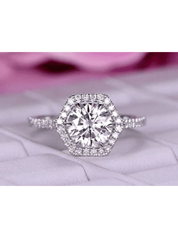 2 Ct Round Cut Lab-Created Simulated Diamond Hexagon Halo Anniversary Ring 14K White Gold Plated