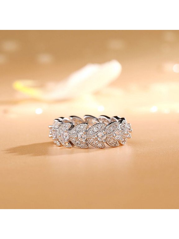 Brilliant 2.35 Ct Round Cut Lab-Created Simulated Diamond Full Eternity Leaf Nature Inspired Floral Halo Ring 14K White Gold Plated