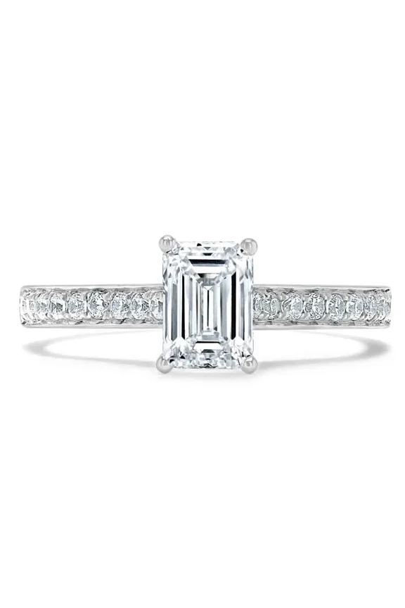 Emerald Cut Excellent 1.8 Ct Diamond Engagement Ring for Her - 14k White Gold Plated Ring for Her - Solitaire with Accent Diamond Ring for Her - Halo Diamond Ring for Her