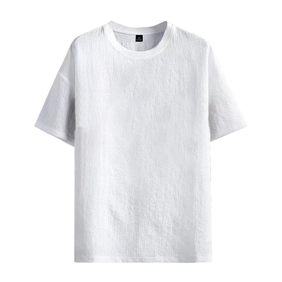 Aura Lane Men’s Linen Blend Short Sleeve T-Shirt – Summer Cotton Linen Loose Fit Tee, Solid Color Casual Undershirt with 5 Sleeve Length White XL