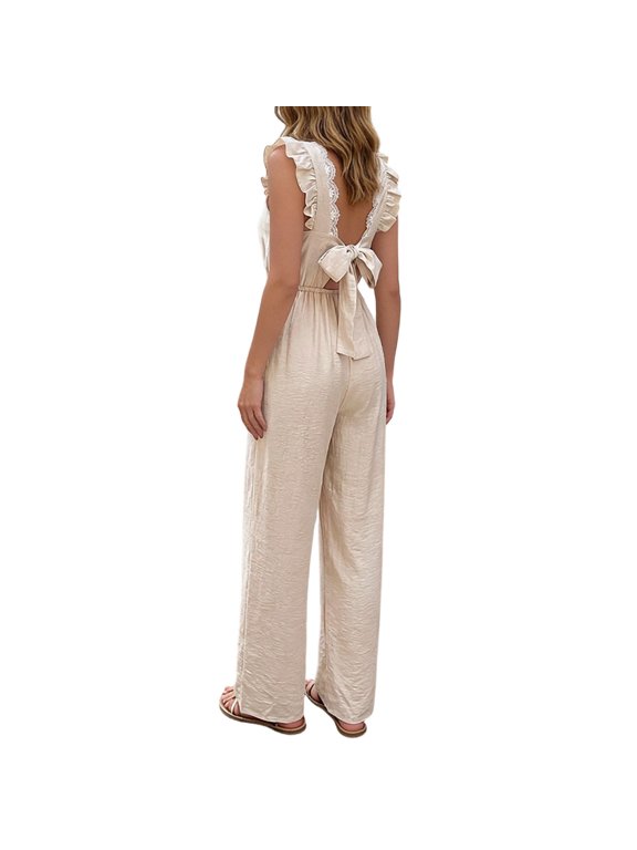 Women's French Style Flutter Sleeve Jumpsuit Back Bow Tie Summer Romper Beige S