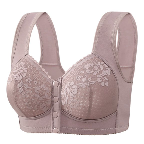 Aura Lane Women’s Front Closure Medium Thick Push Up Bra – Lace Wirefree Bra for Seniors,聚拢 Anti-Droop Comfortable Design Grey 42