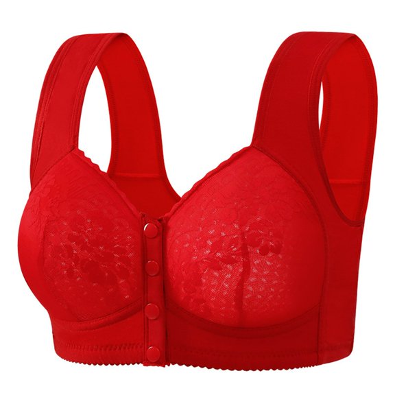 Aura Lane Women’s Front Closure Medium Thick Push Up Bra – Lace Wirefree Bra for Seniors,聚拢 Anti-Droop Comfortable Design Red 40