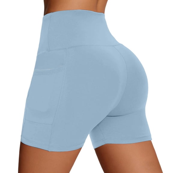 Aura Lane Women’s High Waist Yoga Shorts with Pockets – 3 Inch Tummy Control Compression Bottoms, Lifting Running Shorts for Women Blue S