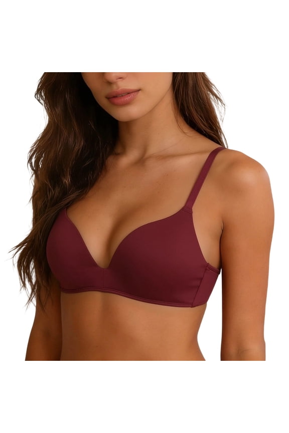 Women’s Seamless Lightweight T-Shirt Bra – Wirefree Push Up Bralette, Breathable Smooth Cup for Students & Daily Wear Wine 36