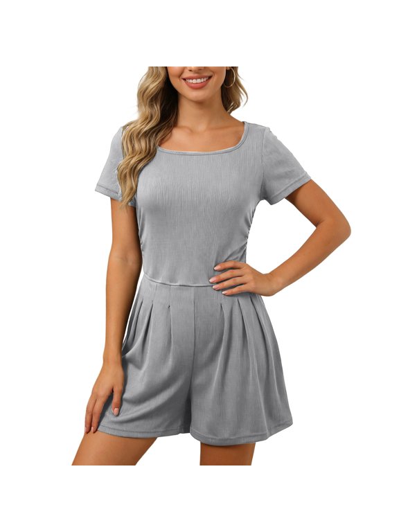 Women's Short Sleeve Knit Jumpsuit Shirt Style Top One Piece Summer Romper Grey XL