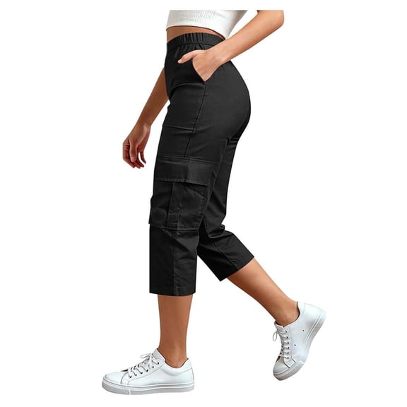 Aura Lane Women’s Solid Color High Waist Cargo Pants – Elastic Waistband Loose Fit Utility Pants, Casual Comfortable Trousers with Pockets Black XL