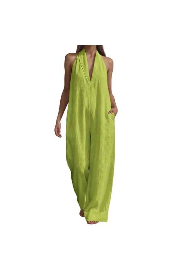 Women's Solid Color Sleeveless Jumpsuit Elegant Loose One-Piece Pants Green XXL
